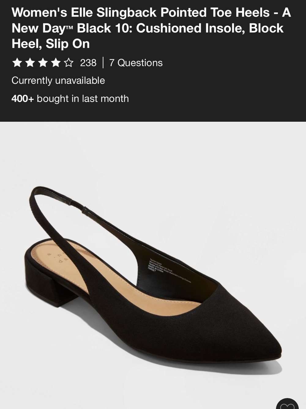 a new day Black Slingback Pointed Toe Low Block Heels